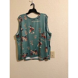 Womens Plus Size 7XL Western Cowboy Horse Print Sleeveless Tank Top Teal Green